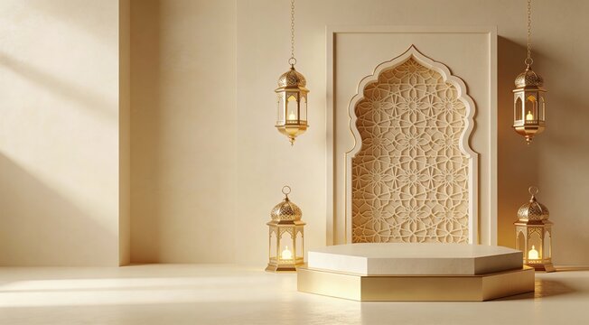 Ramadan Kareem greeting background with Islamic lantern and arch for product display.