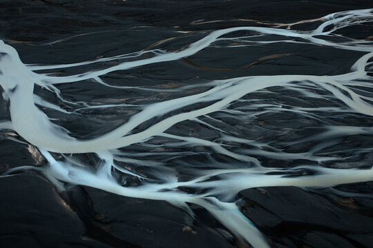 braided river beds, abstract arial view of glacial fed river beds in Mount Cook New Zealand