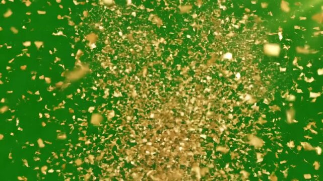 Green Screen 4k cracker golden confetti animation on scene 1 with distortion, overlay, glitch, static noise, scan lines black background, animated video loop