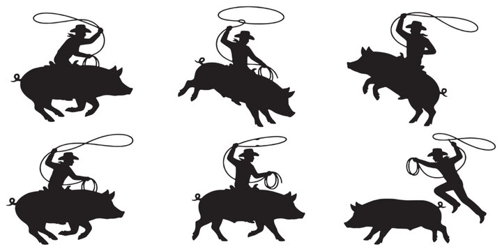 Silhouette of a cowboy riding a pig and throwing a lasso, depicting a humorous rodeo scene.