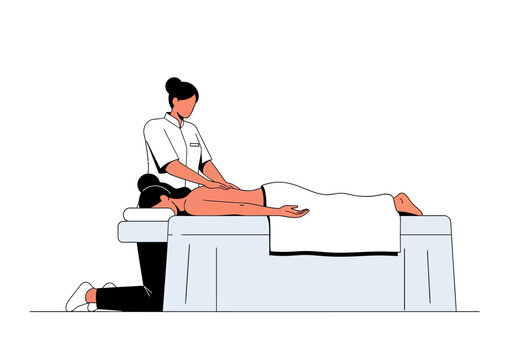 Woman receiving a back massage from a massage therapist on a massage table.