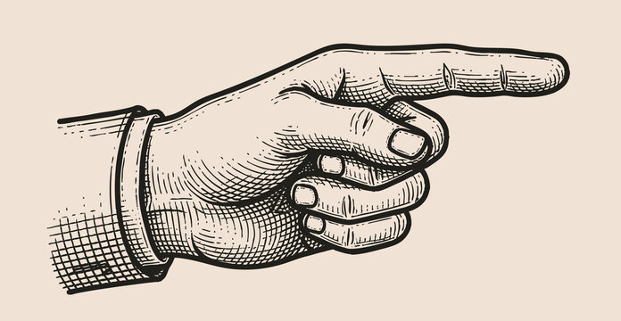 Pointing hand sketch. Forefinger, index finger. Vintage, retro vector illustration