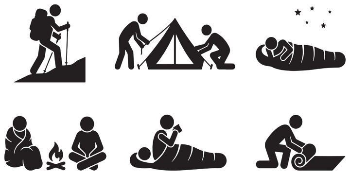 Collection of stick figure icons representing various camping and outdoor activities, including hiking, setting up a tent, sleeping bag, campfire, and rolling a sleeping mat.