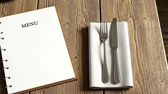 A rustic table setting with a menu, fork, and knife on a neat napkin.