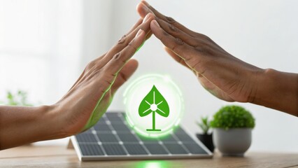 Hands forming a protective gesture over a solar panel, featuring a green leaf symbol, symbolizing sustainability and eco-friendliness.