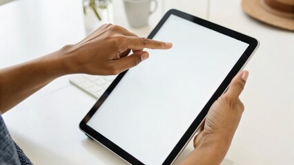 A person using a tablet device with a blank screen, showcasing hands and a modern workspace setup.