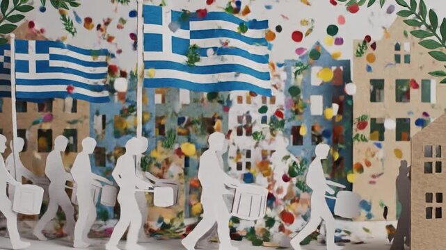 Greek national day parade with flags, confetti, and marching people