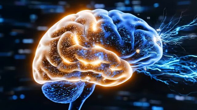 bilateral brain activation with electric currents, blue and gold hemispheres lighting, neural sparks and flowing connectivity lines, EEG style clinical visualization of modulation