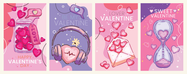 Valentine's Day Greeting Card Set - Kawaii Romantic Illustrations with Hearts, Mason Jar, and Hourglass