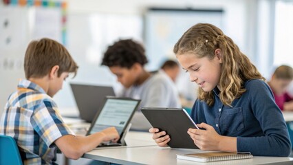 Students engage with digital devices in a classroom setting, showcasing modern education techniques and technology integration.