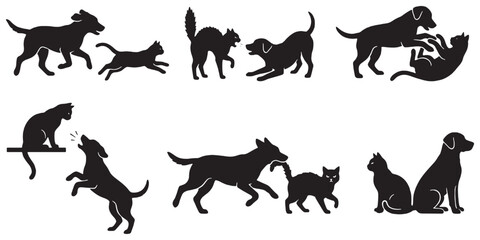 Collection of black silhouettes depicting dogs and cats interacting in various playful and companionable ways.