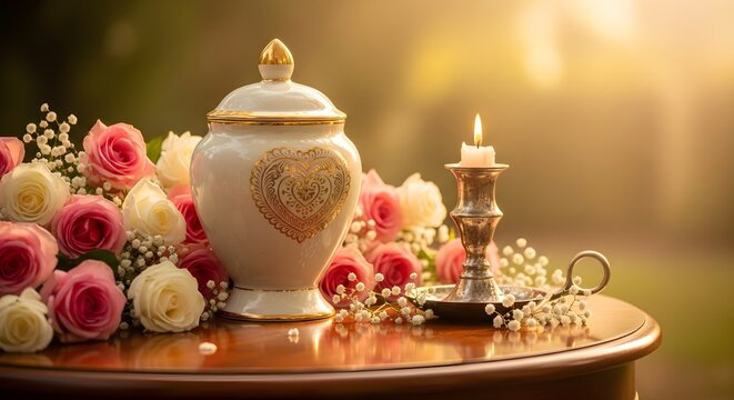 Memorial Still Life with Funeral Urn Roses and Candle for Remembrance