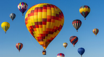 Fototapeta premium Colorful hot air balloons flying in blue sky during festival celebration travel and adventure concept