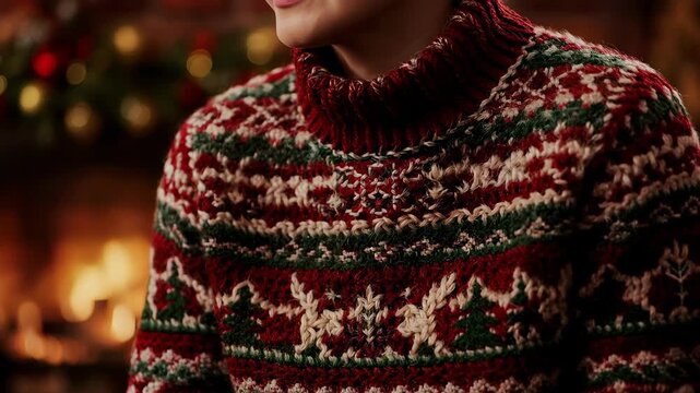 Close-up of a person wearing a chunky knit Christmas sweater, intricate patterns, soft warm lighting, cozy and festive fashion.