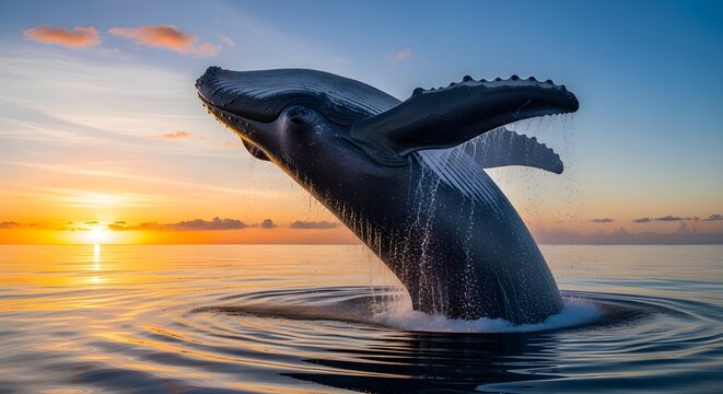 Majestic whale leaps from ocean at beautiful sunset