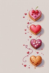 Heart-shaped candies are beautifully arranged vertically, connected by red hearts and intricate curves, conveying sweetness and romance. Perfect for Valentine's Day or a dessert-themed design.