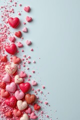 The illustration shows various heart-shaped candies and sweets arranged on a light blue background. The visual composition conveys feelings of sweetness, romance, and celebration.