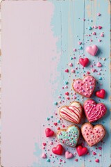 A pastel-themed Valentine&rsquo;s background featuring heart-shaped cookies decorated with colorful icing and sprinkles. Set against a pink and blue painted wooden surface.