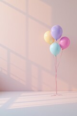 a dreamy pastel image featuring balloons floating quietly on the right side, soft ambient lighting, airy mood, uncluttered background, wide blank area on the left.