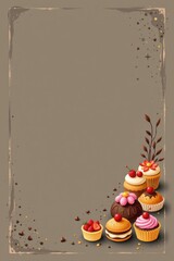 A vintage-style brown framed background, adorned with chocolate pieces and gold sprinkles. The bottom corner is decorated with colorful cupcakes.