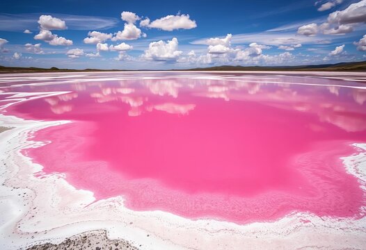 Stunning natural phenomenon of a bright pink lake, its vivid water reflecting the sky, surrounded by white mineral deposits,  colorful landscape,  scenic