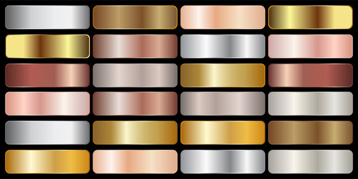 Gold rose, silver, bronze, copper and golden foil texture gradation background set. Vector shiny and metalic gradient collection for border, frame, ribbon, label design