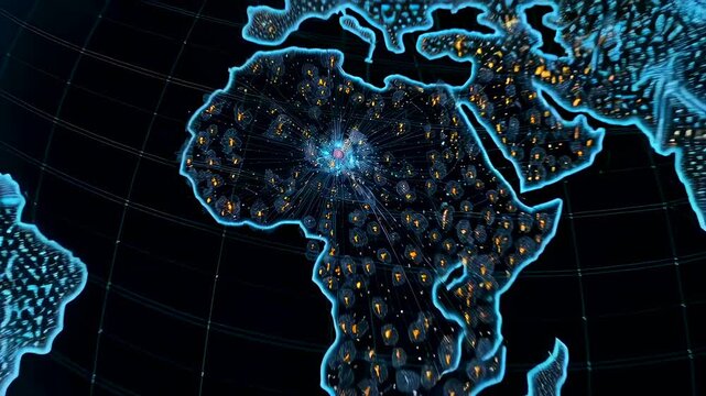 digital globe and world map with glowing nodes and connection lines, panoramic cyber control interface showing clustered data hotspots, textured continents with animated telemetry