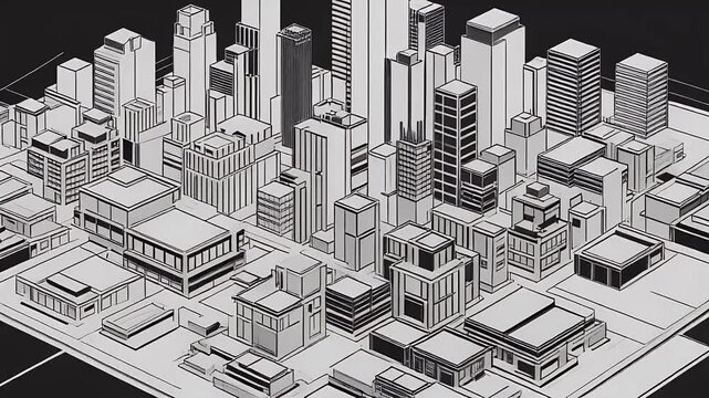 A minimalistic line drawing of a city skyline on a black background.