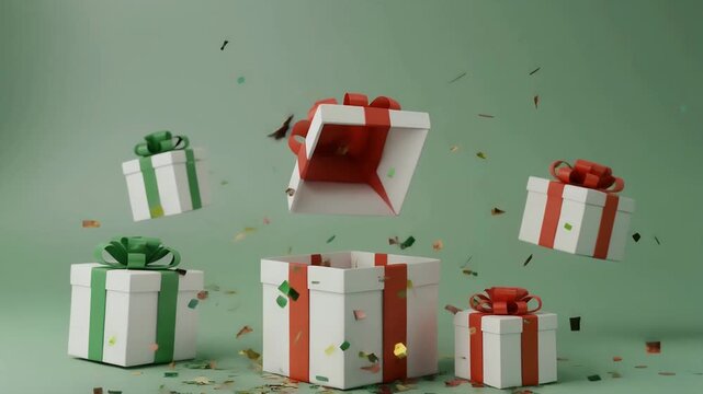 Festive gifts with confetti falling on a green background