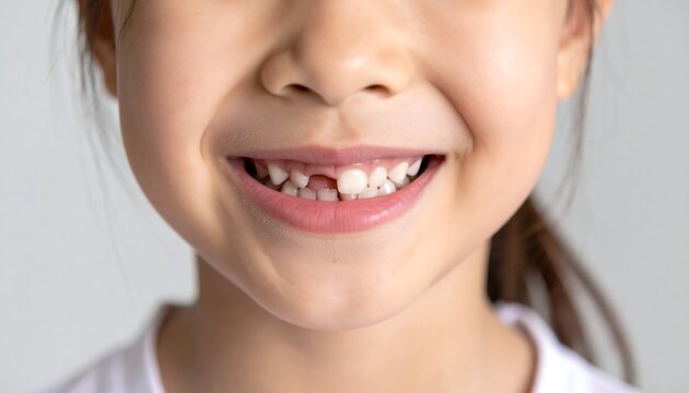 A young girl's smiling face with a missing tooth