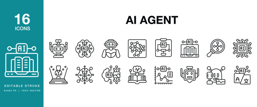 AI Agent icon set. Includes ai, agent, chatbot, virtual, assistant, autonomous, smart and More. Editable Stroke Icon Collection.