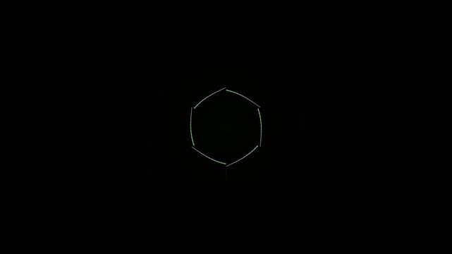 A simple green hexagonal shape on a black background viewed directly