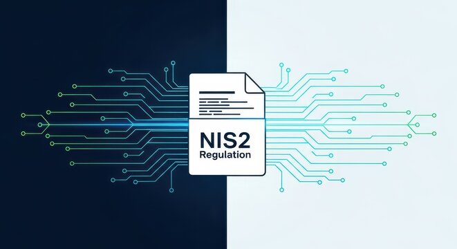 NIS2 Directive Cybersecurity Regulation Document with Digital Circuitry Background