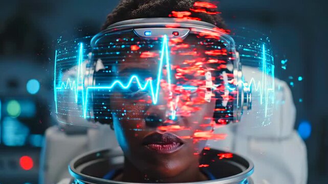 female astronaut wearing neural interface headset during biomedical test, holographic cardiac telemetry and signal traces float before visor, hightech medical cabin emphasizes monitoring