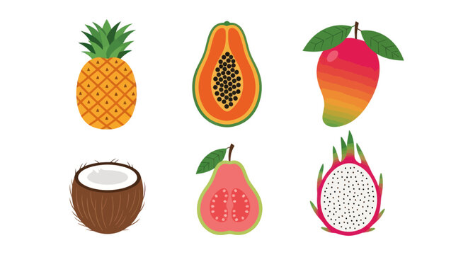 Colorful tropical fruits pineapple papaya mango coconut guava dragon fruit