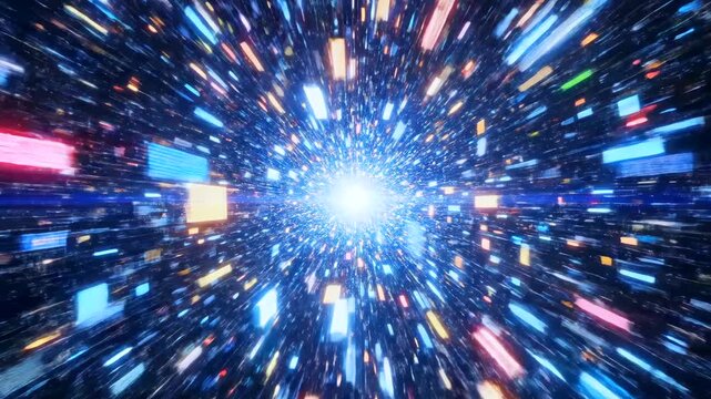 tropical island sunrise digital portal emergence, calm ocean reflection, rugged mountains framing metaverse vortex, colorful data particles burst outward into warp tunnel, drone perspective