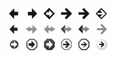 Collection of various arrow icons in black white and grayscale tones