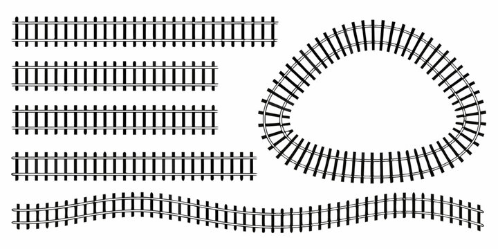 Black and white illustration of various train track configurations and curves