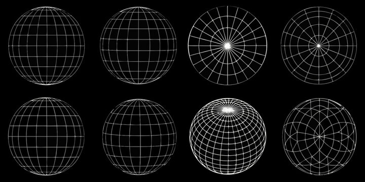 Geometric egg shapes with grid patterns and light sources displayed on black