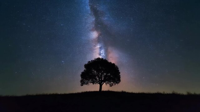 A lone tree silhouetted against the vast expanse of the Milky Way.