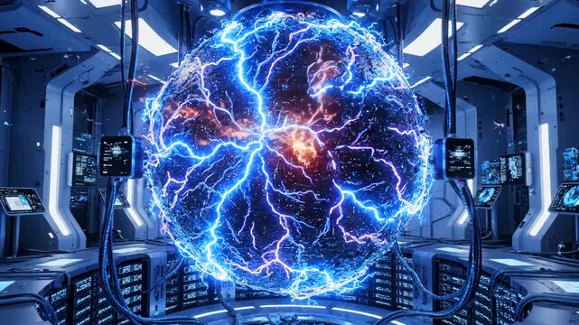 high tech lab pulsating energy core, electric blue plasma sphere with crackling arcs, containment chamber hums, diagnostic consoles display telemetry, engineer console simulates fusion test