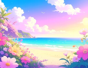 Obraz premium A serene beach scene with vibrant flowers and a colorful sky