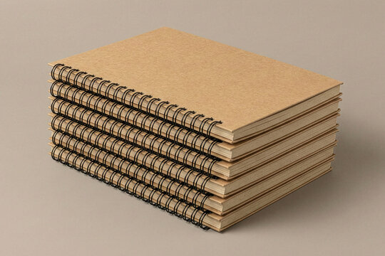 High angle view of a stack of spiral bound notebooks with brown kraft paper covers
