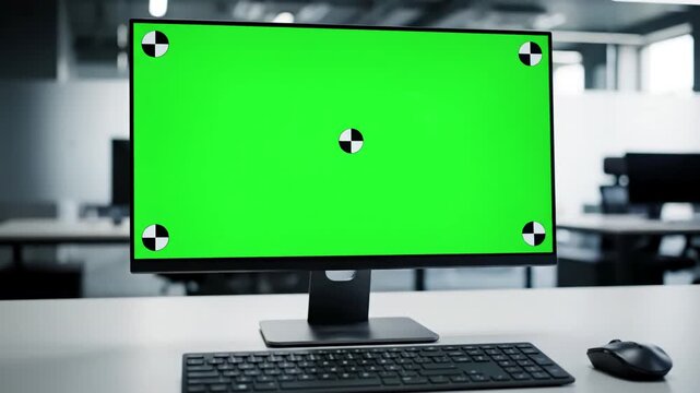 Empty Modern Workspace with business woman typing on cgi green screen computer monitor working in office female freelancer researching information mockup pc chroma key copyspace and tracking markers