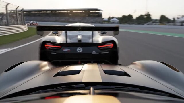 Racing cars speeding on a track from the driver's viewpoint with a focus on the leading vehicle ahead