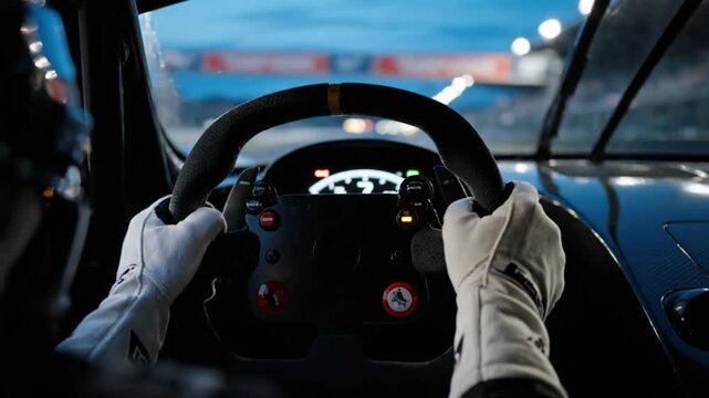 Racing driver gripping steering wheel tightly during high-speed lap around track from driver's viewpoint