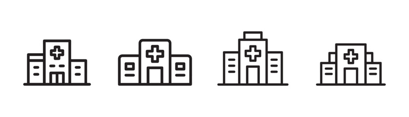 Obraz premium Hospital Building Vector Icon Set Minimalist Clinic Line Art Symbol Pack