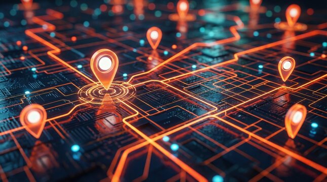 オレンジ色の光る線とピンが配置されたデジタルマップの3Dレンダリング