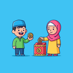 Cartoon boy and girl saving money together.