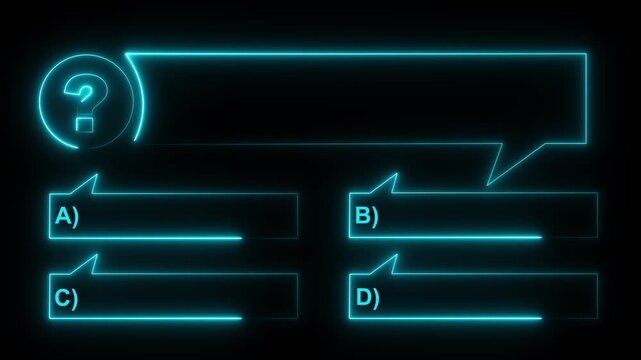Quiz Neon Line Animation with option selection on black background ,Quiz template challenge with option selection, quiz game animation, Motion graphics of question bank concept